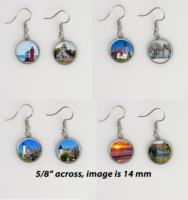5/8" across image is 14mm.  High resolution printed aluminum in silver bezel with surgical steel hooks. Can be carded.